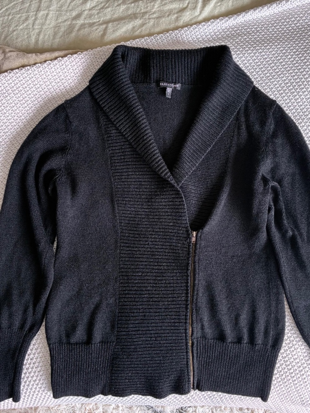 Eileen Fisher Black  Merino Wool Zip Cardigan Size S